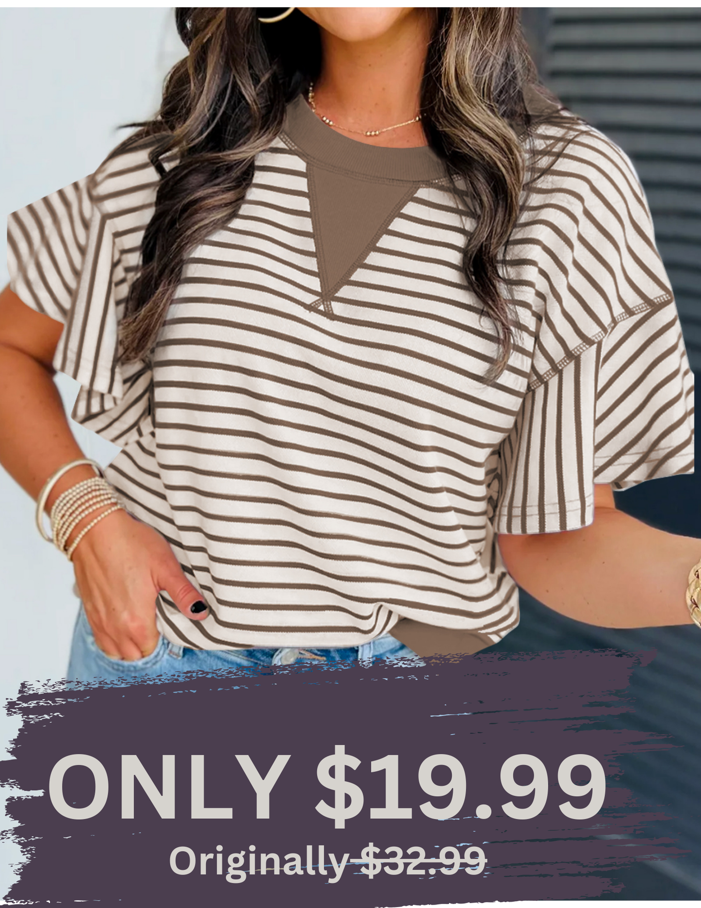 Brown and White Striped Ruffle Sleeve Top