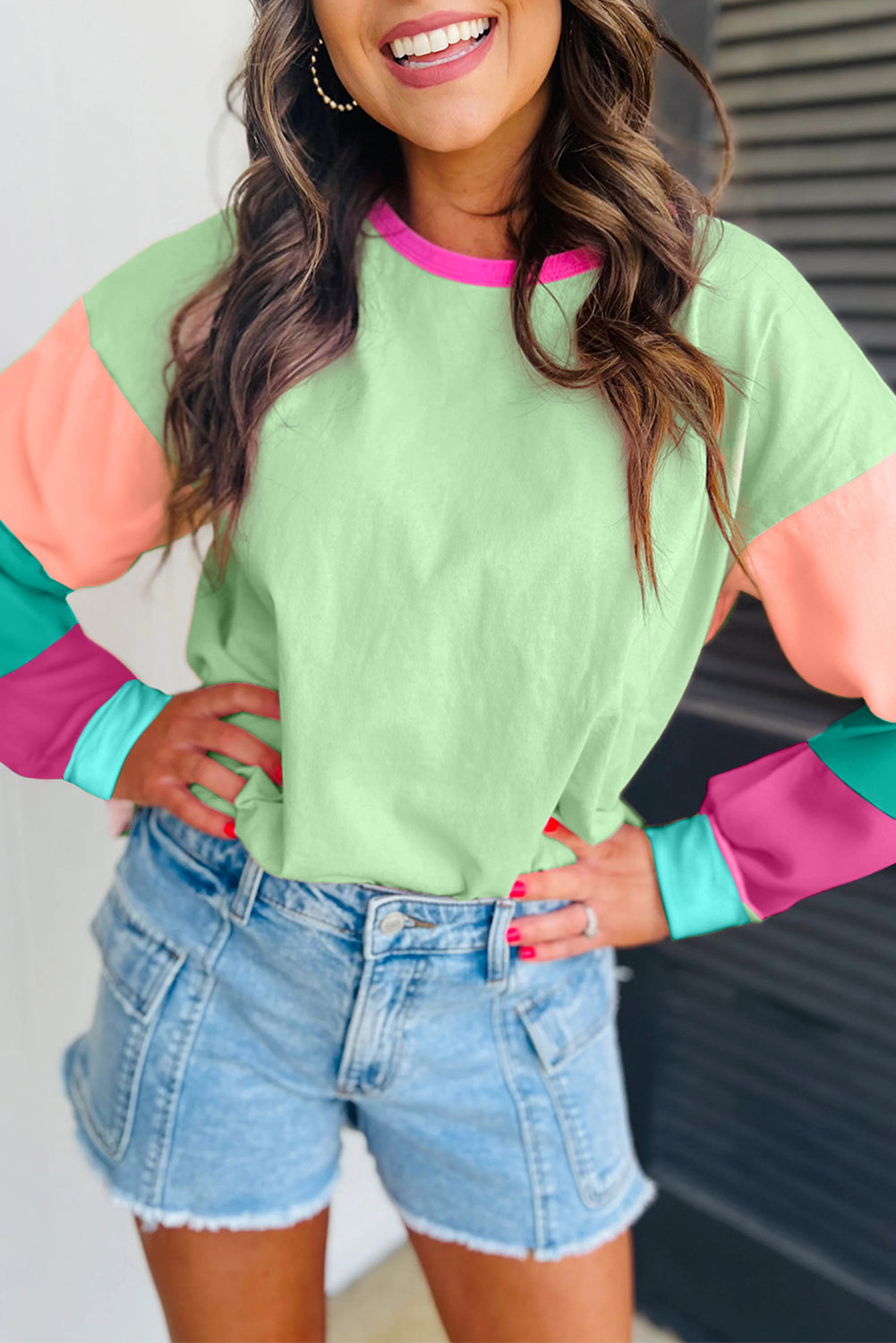 Spring Colorblock Patchwork Long Sleeve Loose Top