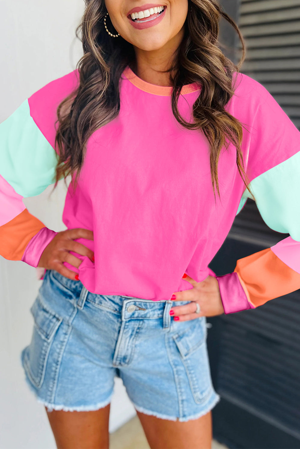 Spring Colorblock Patchwork Long Sleeve Loose Top