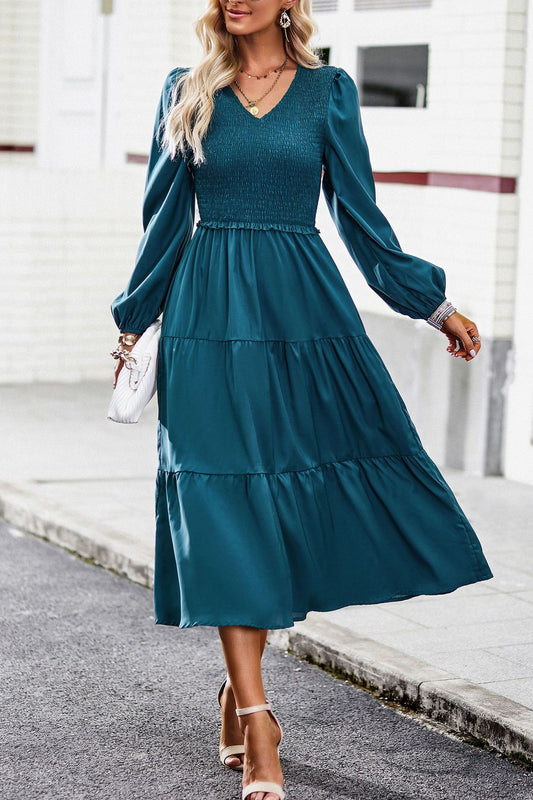 Solid V-Neck Long Sleeve Dress