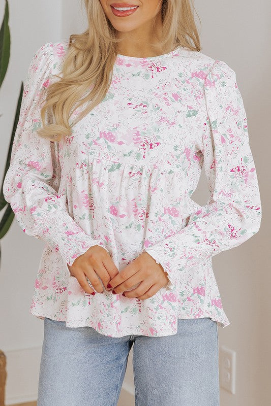 Floral Balloon Sleeve Keyhole Back Babydoll Blouse