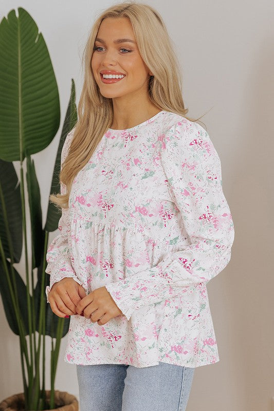 Floral Balloon Sleeve Keyhole Back Babydoll Blouse