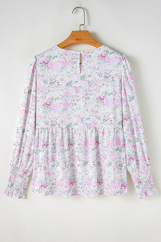 Floral Balloon Sleeve Keyhole Back Babydoll Blouse