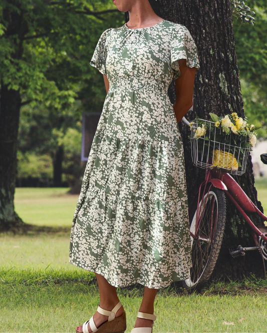 Sage Green Midi Dress - Floral Print