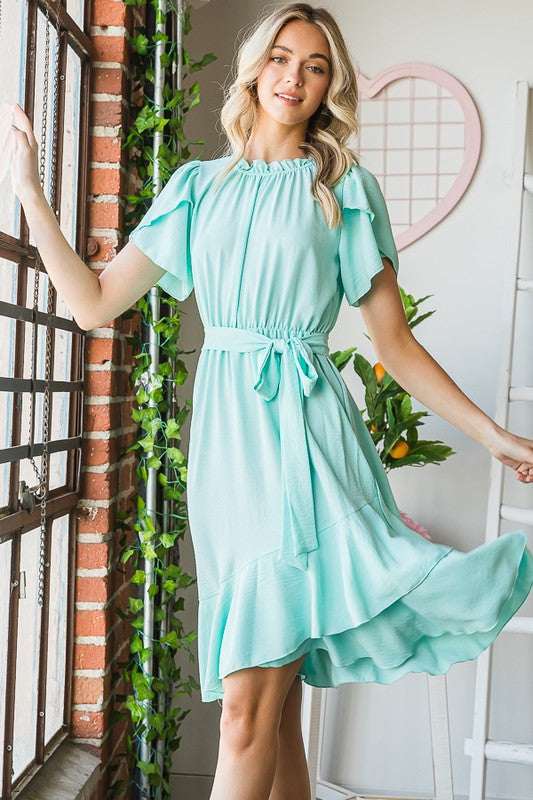 Woven Tulip Short Sleeve Midi Dress - Mint