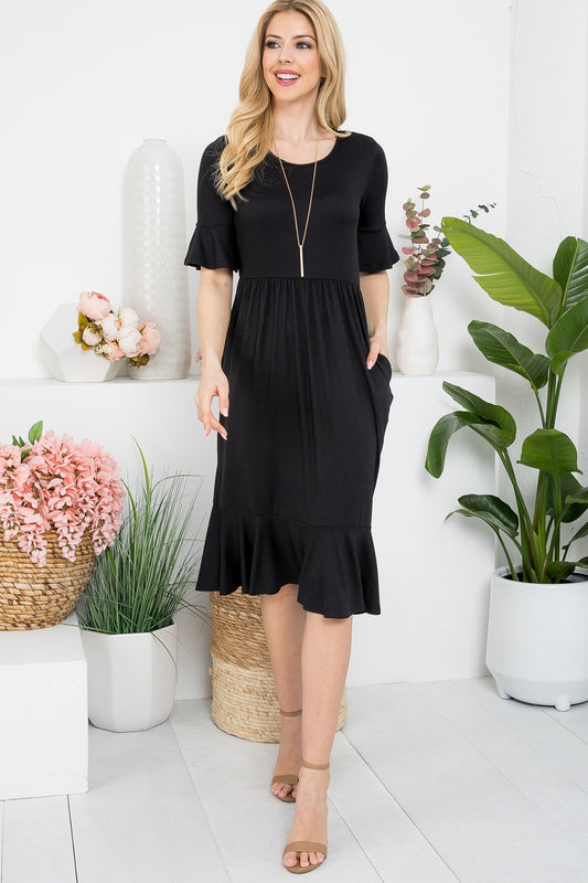 Ruffle Cinch Waist Midi Dress - Black