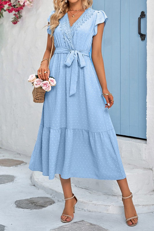 Lace Trim Wrap V Neck Swiss Dot Flowy Maxi Dress - Blue