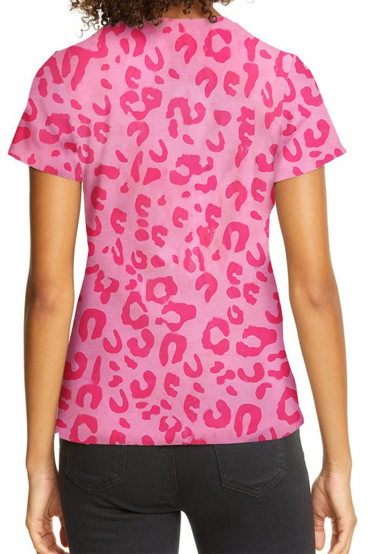 Leopard Print Short Sleeve Round Neck T-Shirt - Pink