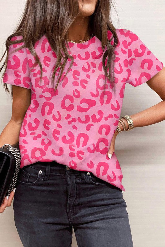 Leopard Print Short Sleeve Round Neck T-Shirt - Pink