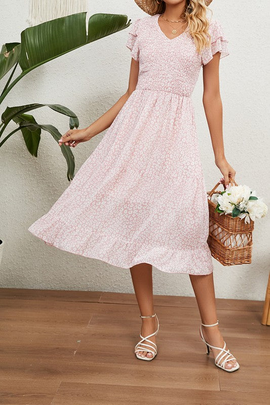 Pink Cheetah Print Ruffle Sleeve Midi Dress