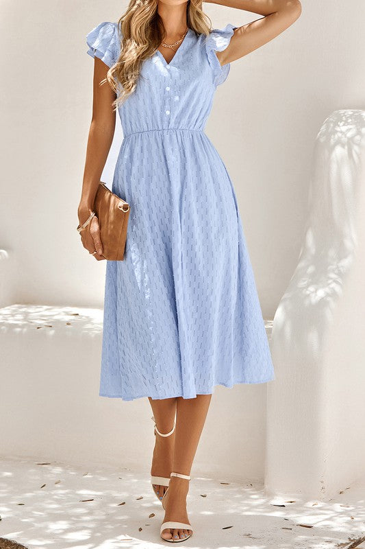 V-Neck Solid Color Ruffle Sleeve Midi Dress